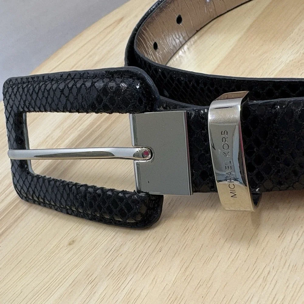Michael Kors Black Leather Animal Print Snakeskin Dress Belt Silver Sz L 46in